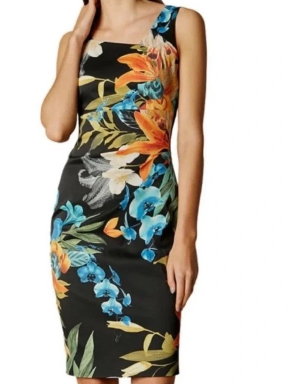 Karen Millen Black Midi Dress with Blue & Orange Floral Print